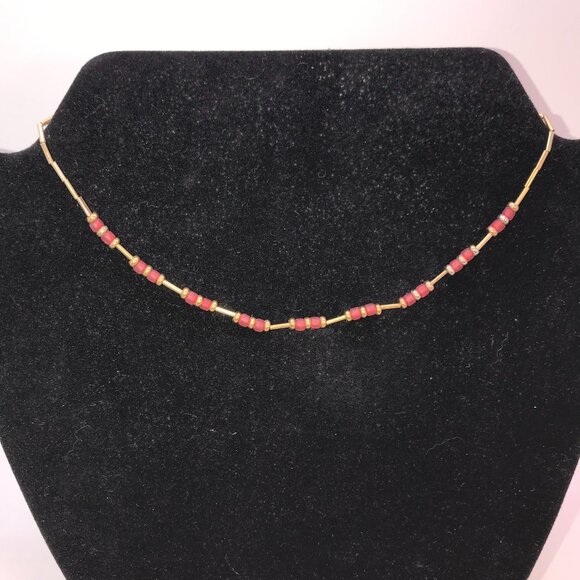 15" Matte Orange Red and Gold Beaded Necklace - Picture 1 of 13
